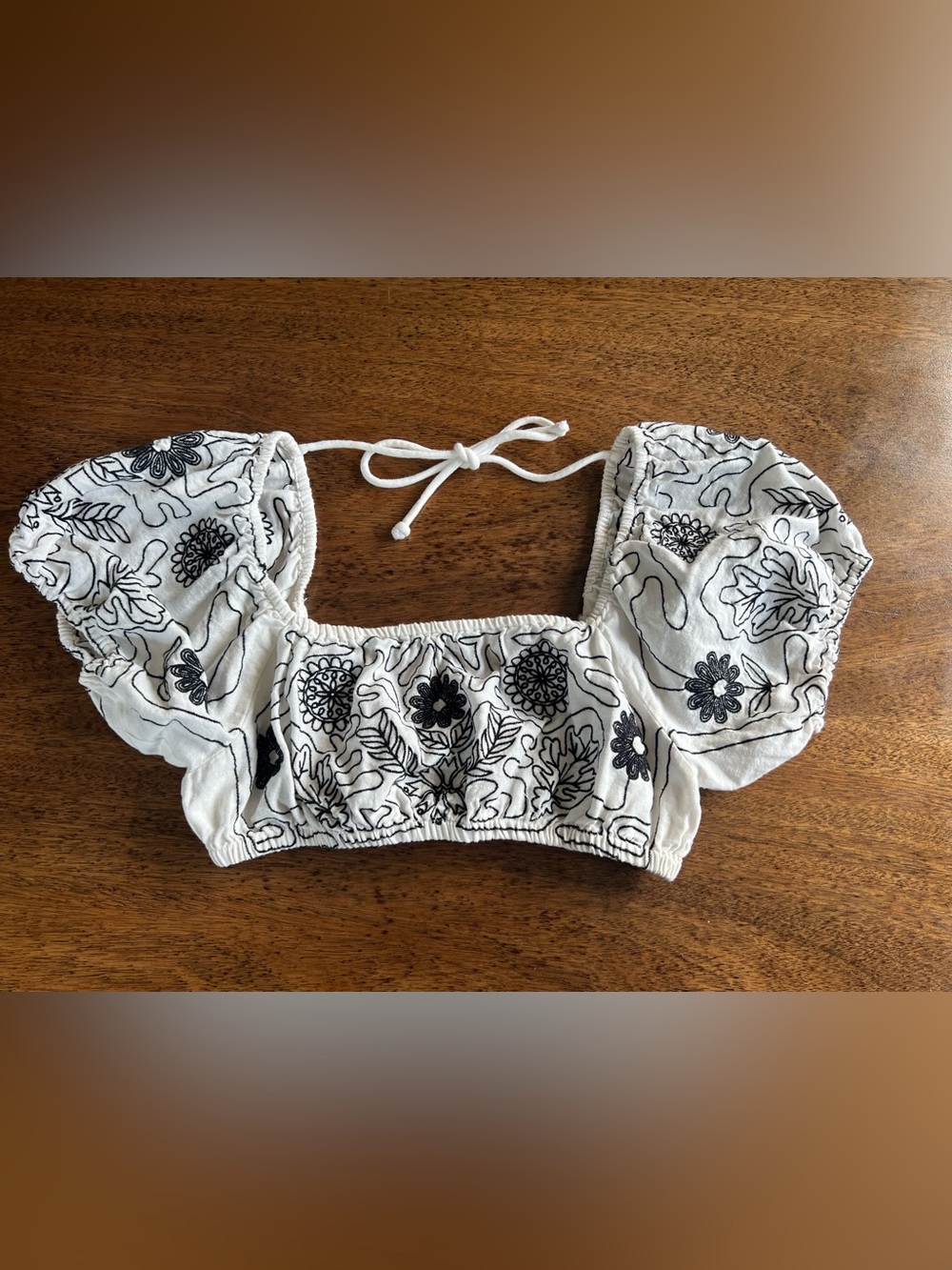 Free People Lotus White Black Embroidered Puff Sleeve Crop Top M